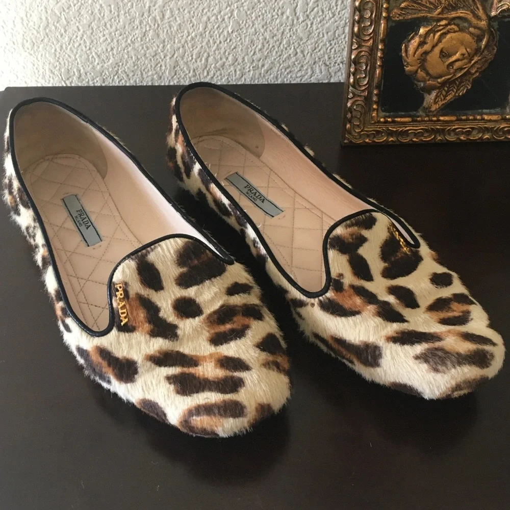 Prada leopard print calf hair loafers flats 8.5